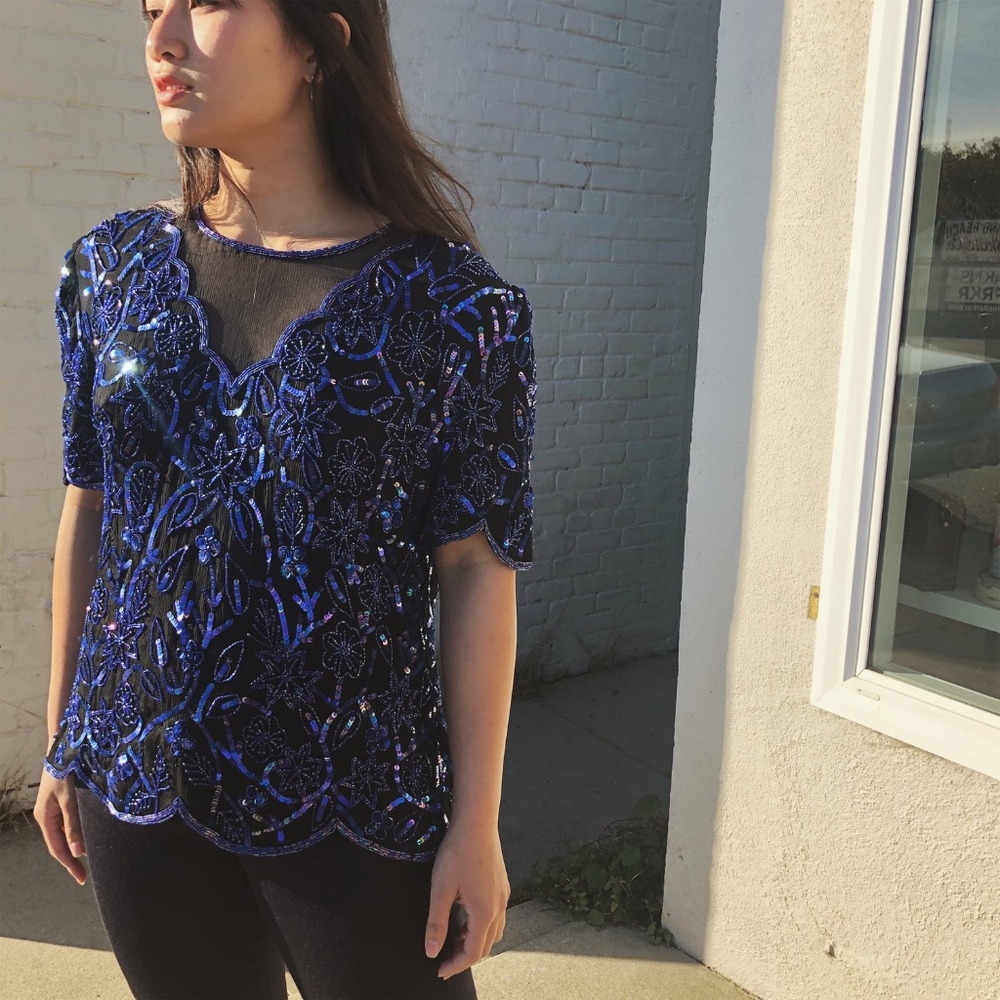 Vintage Black and Blue Sequin Top